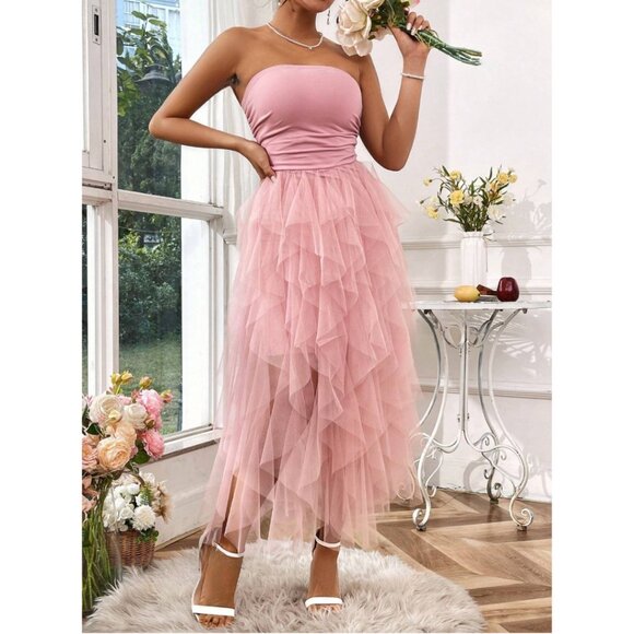Pink Mesh Strapless Dress - Picture 1 of 12